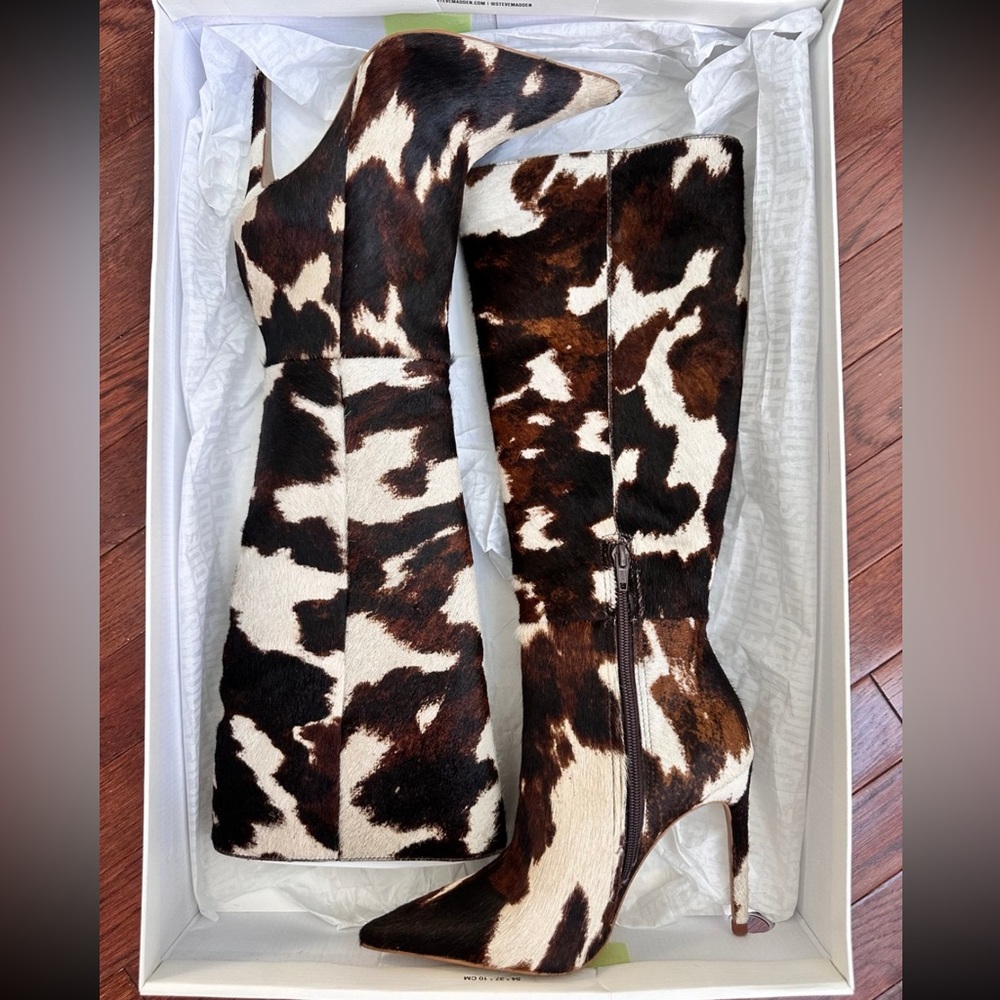 Steve Madden Nitro Brown Cow Print Real Fur Knee-High‎ Heeled Boots - Picture 5 of 12